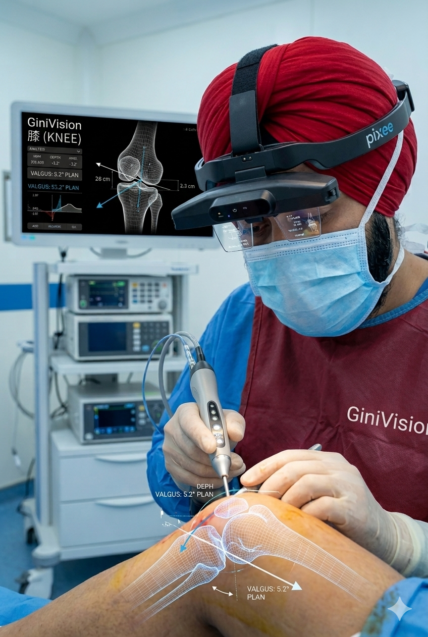 Dr. Harjoban Singh performing GiniVision AR-guided knee surgery at Gini Hospital Mohali